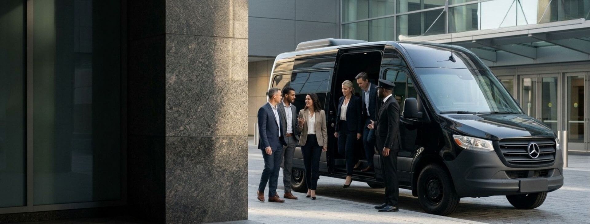 Executives_exiting_van_with_chauffer Executives exiting van with chauffer